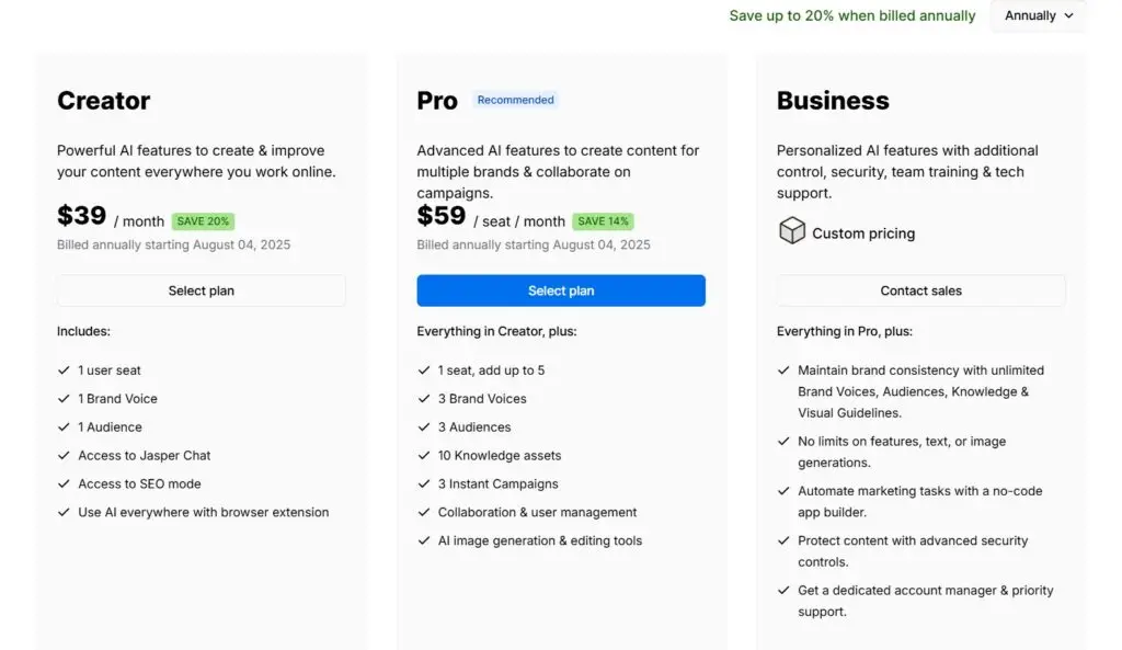 Jasper.ai vs Copy.ai - Best AI Writer for Bloggers and Marketers 2025 3 Overview of Jasper.ai pricing plans including Starter, Boss Mode, and Business options with key features.
