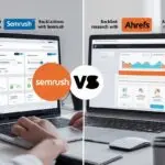 A dashboard comparison of Semrush and Ahrefs tools highlighting keyword research, backlink analysis, and SEO metrics