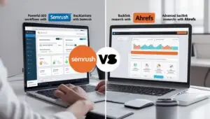 A dashboard comparison of Semrush and Ahrefs tools highlighting keyword research, backlink analysis, and SEO metrics