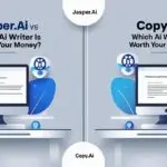 Feature image showing a comparison between Jasper.ai and Copy.ai with AI writing icons, split layout, and modern digital design representing AI content tools