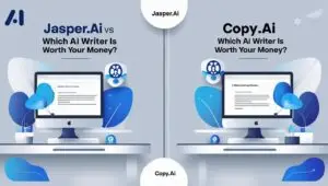 Feature image showing a comparison between Jasper.ai and Copy.ai with AI writing icons, split layout, and modern digital design representing AI content tools