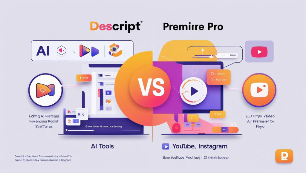 Visual comparison of Descript and Adobe Premiere Pro for social media video editing.