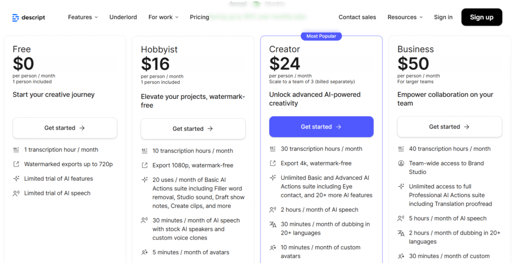 Descript Video editor plans
