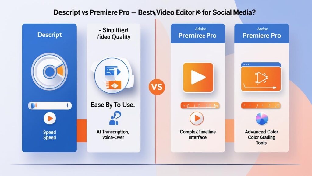 side by side comparison visual showing Descript on one side and Adobe Premiere Pro on the other Use icons for speed simplicity AI tools for Descript and icons for quality timeline color grading 1